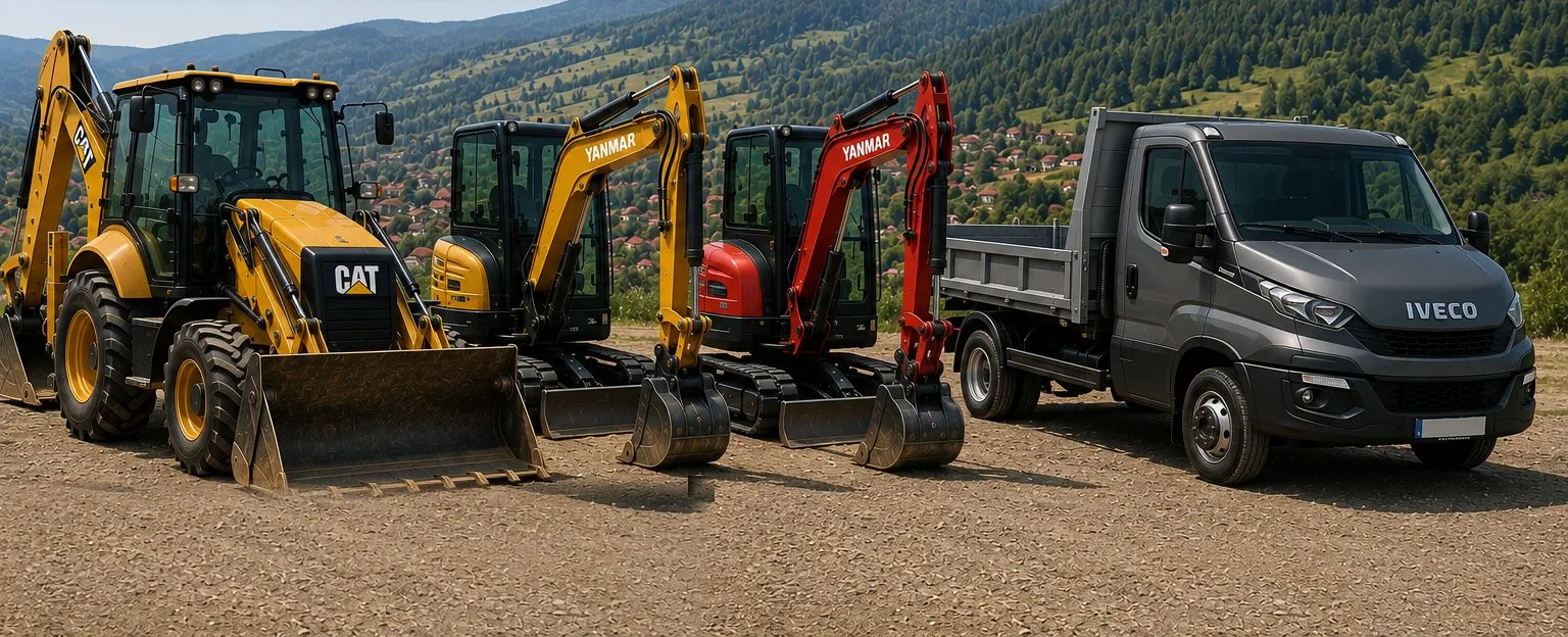 Flota BROGROUP: buldoexcavator CAT, excavatoare Yanmar 3T și 4T, basculantă Iveco Daily — Toplița, Harghita